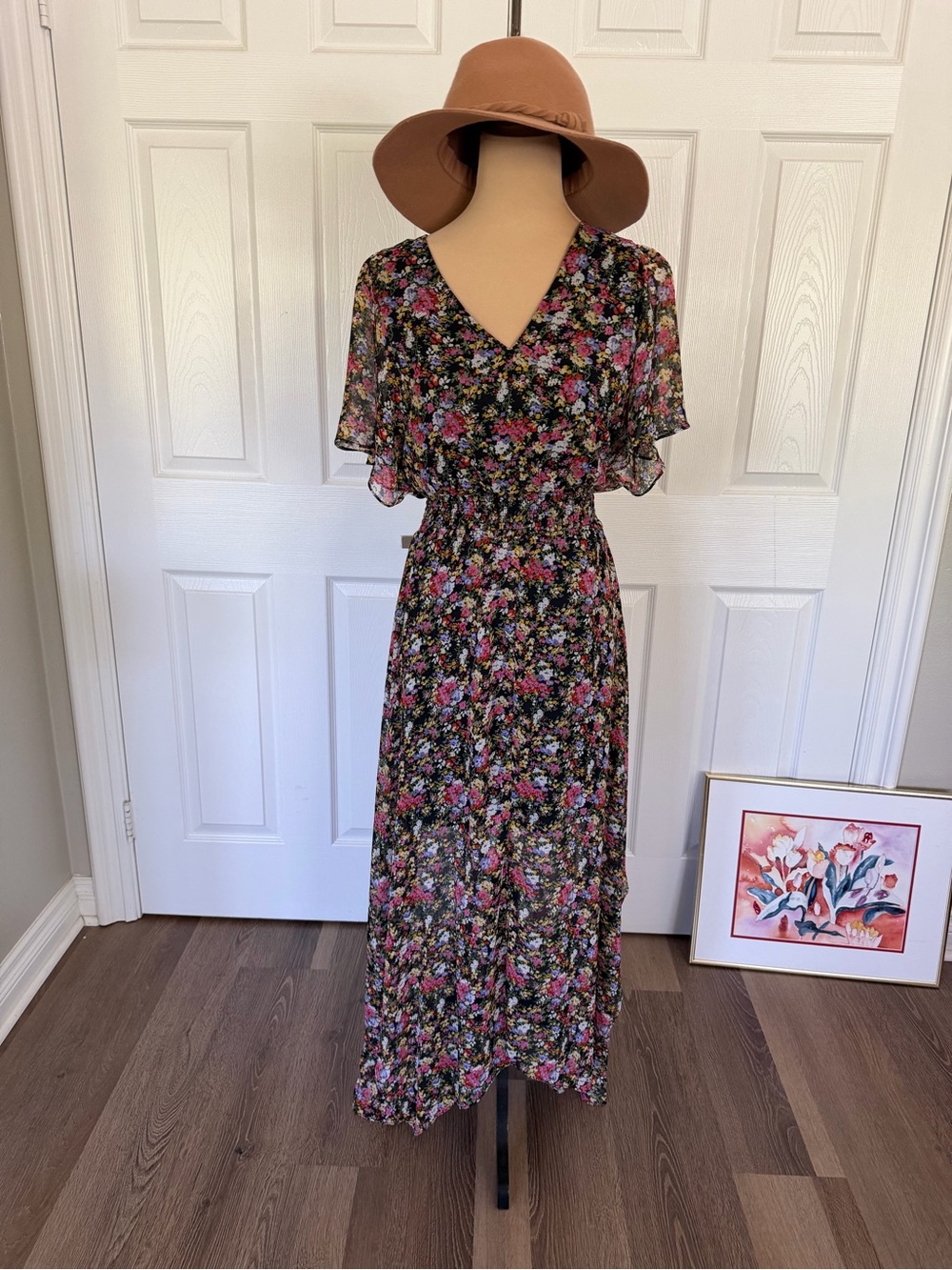 MSK Black Floral Maxi Dress with Pink and Green Accents